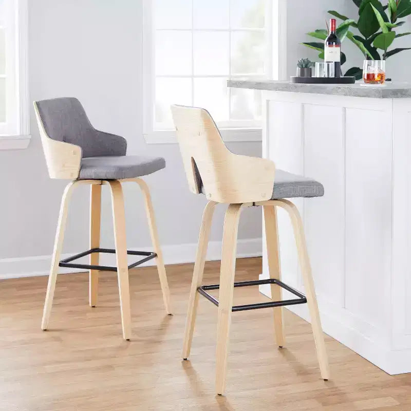 LumiSource Set of 2 Stella Barstools Natural/Light Gray/Black:: Mid-Century Modern, Swivel, Footrest, Wood Frame