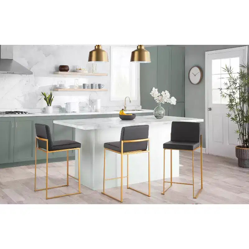 LumiSource Set of 3 Fuji High Back Counter Height Barstools Gold Steel/Gray PU