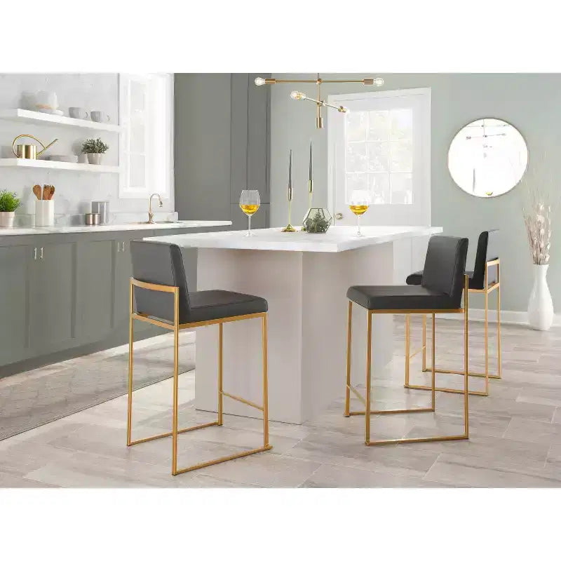 LumiSource Set of 3 Fuji High Back Counter Height Barstools Gold Steel/Gray PU