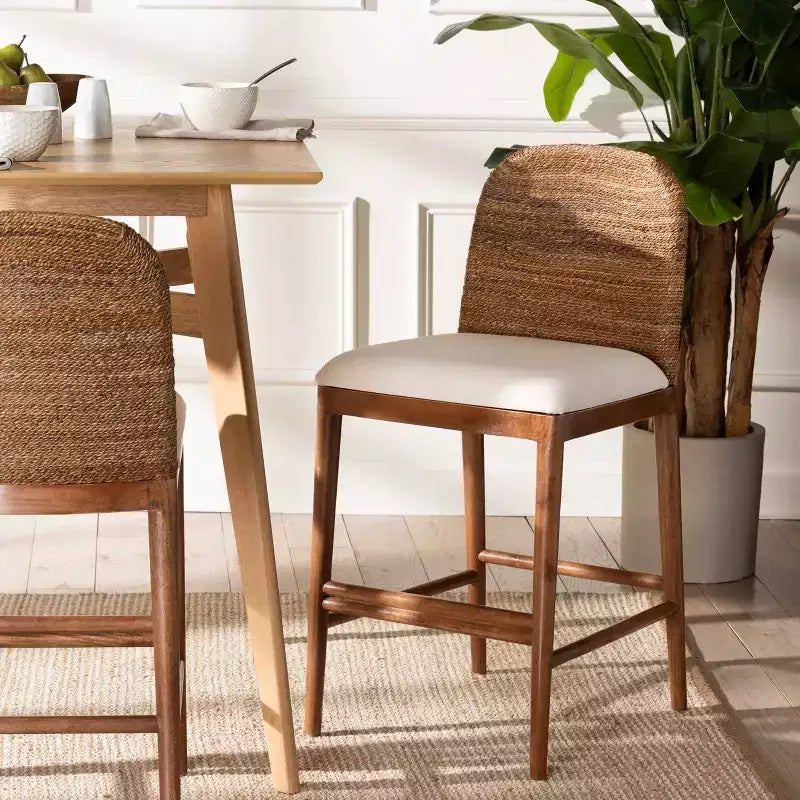 bali & pari Nadim Natural Seagrass and Acacia Wood Counter Height Barstool Set White/Natural: Polyester Upholstery, Spot Clean
