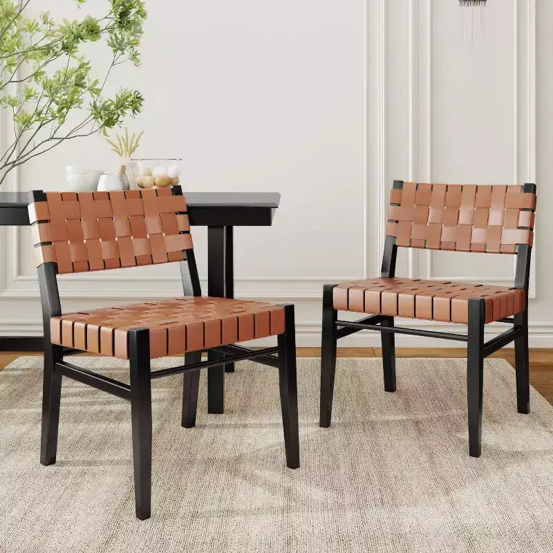 Christopher Knight Home Set of 2 Oliver Woven Faux Leather Rubberwood Dining Chairs Brown