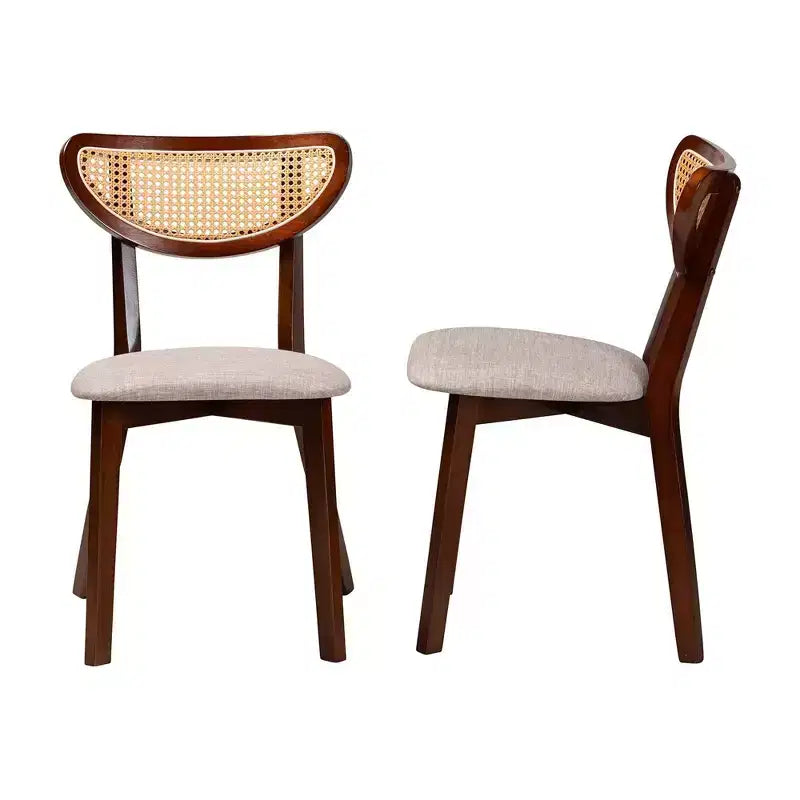 Baxton Studio 2pc Dannell Fabric and Wood Dining Chairs Gray/Walnut Brown/Light Brown: Mid-Century, Rattan Detail, Foam Cushion
