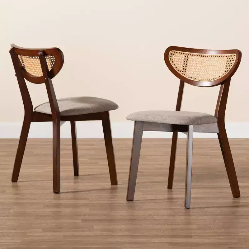 Baxton Studio 2pc Dannell Fabric and Wood Dining Chairs Gray/Walnut Brown/Light Brown: Mid-Century, Rattan Detail, Foam Cushion