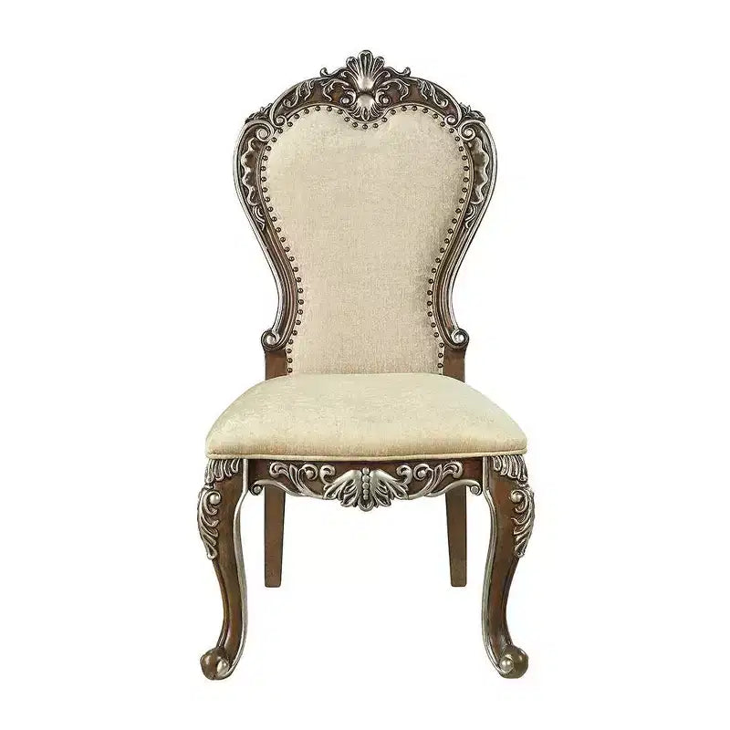 Chaise de salle à manger Latisha 25 po Brun antique : Détails argentés, Chenille grise, Clous décoratifs