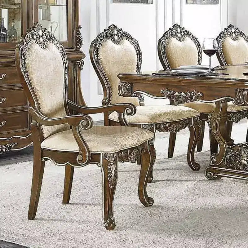 Chaise de salle à manger Latisha 25 po Brun antique : Détails argentés, Chenille grise, Clous décoratifs