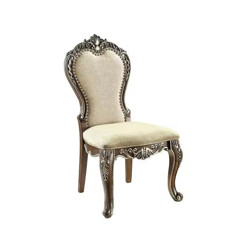 Chaise de salle à manger Latisha 25 po Brun antique : Détails argentés, Chenille grise, Clous décoratifs