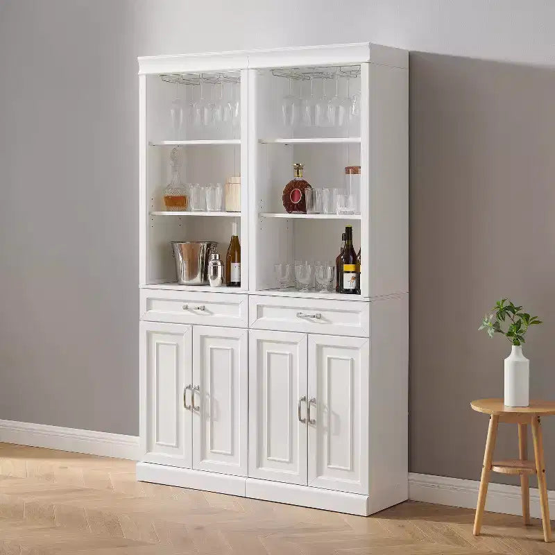 Crosley 78" Stanton 2pc Bar Cabinet Set White: Traditional Farmhouse Style with Adjustable Shelves, Stemware Racks