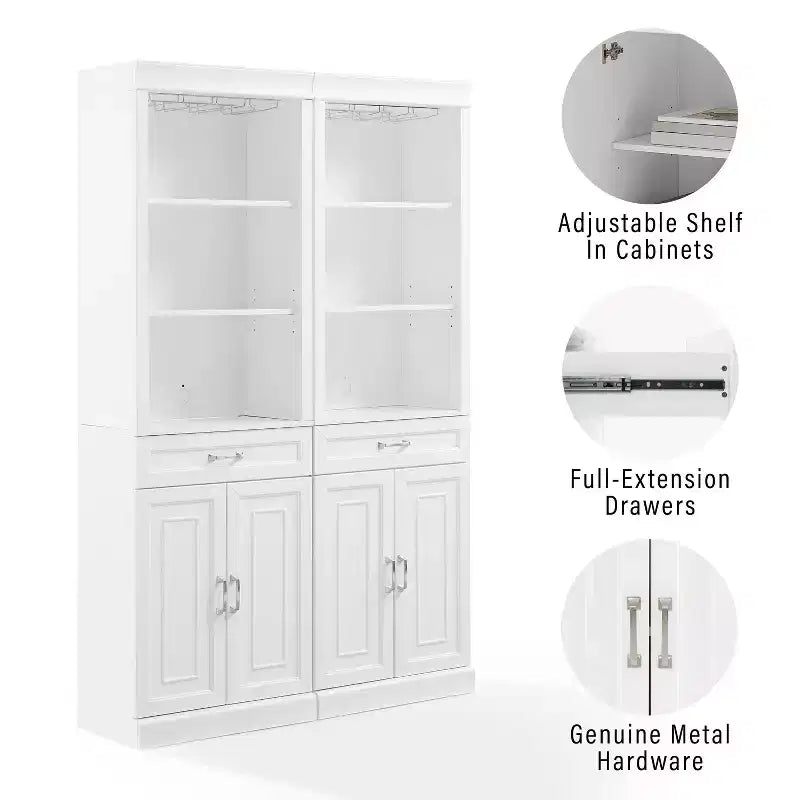 Crosley 78" Stanton 2pc Bar Cabinet Set White: Traditional Farmhouse Style with Adjustable Shelves, Stemware Racks