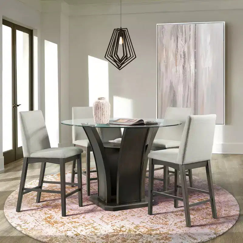 5pc Simms Round Standard Height Dining Set and 4 Chairs Walnut - Picket House Furnishings: Glass Top, Cream Upholstery
