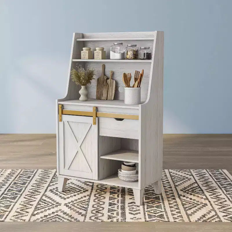 Downes Farmhouse Baker's Rack: Storage Drawer, 4 Shelves, White Oak - miBasics