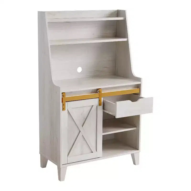 Downes Farmhouse Baker's Rack: Storage Drawer, 4 Shelves, White Oak - miBasics