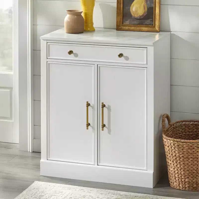 Lifestorey 2pc Monza Modular Cabinet and Hutch with Faux Marble Top White: Farmhouse Style, Faux Marble Top, Adjustable Shelves