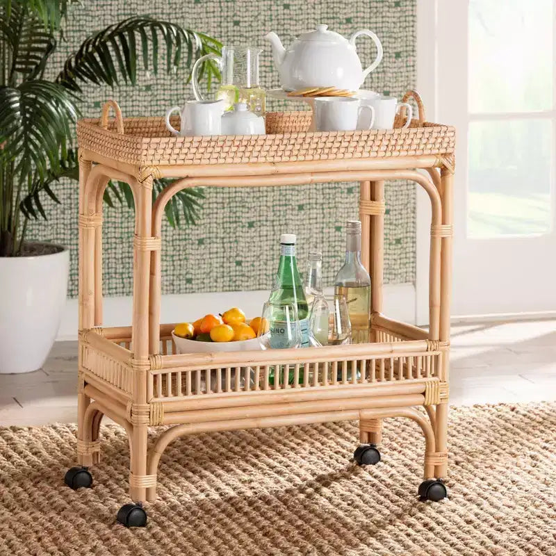 bali & pari Lombok Rattan Wine Cart Natural Brown: Indoor Bar Cart with Wine Holder, No Assembly Required