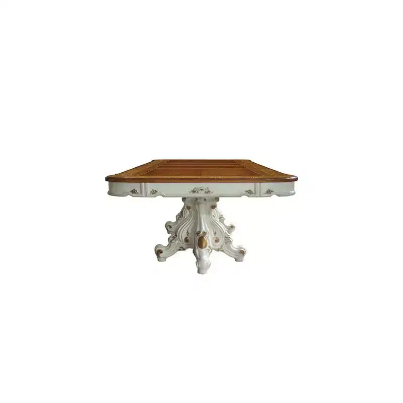 120" Picardy Dining Table Antique Pearl/Cherry Oak - Acme Furniture: Ornate Double Pedestal, Seats 8