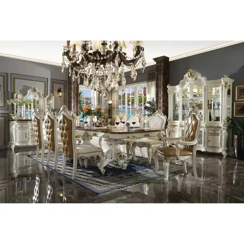 120" Picardy Dining Table Antique Pearl/Cherry Oak - Acme Furniture: Ornate Double Pedestal, Seats 8