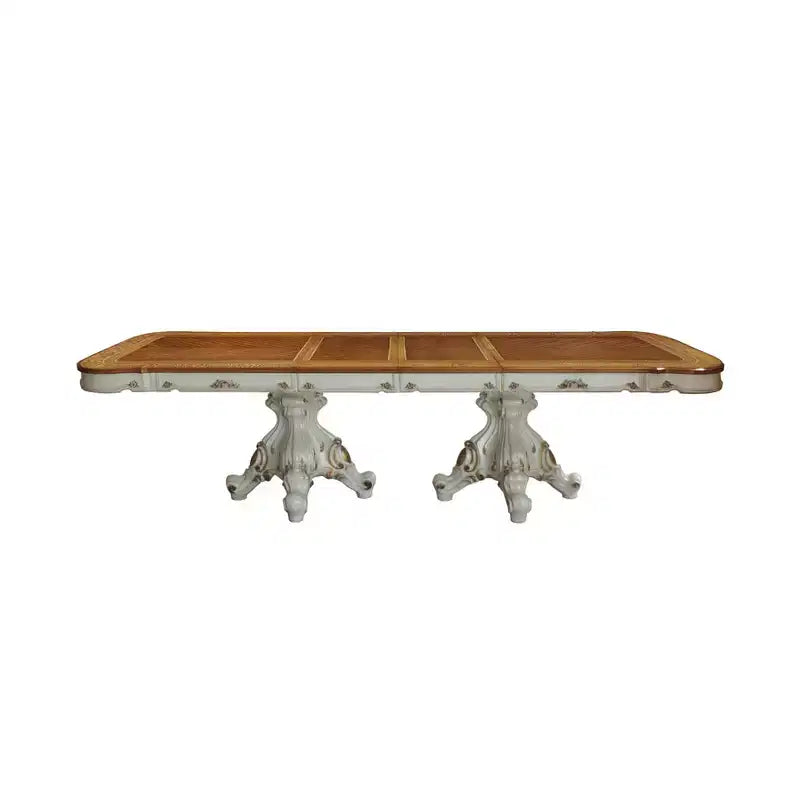 120" Picardy Dining Table Antique Pearl/Cherry Oak - Acme Furniture: Ornate Double Pedestal, Seats 8
