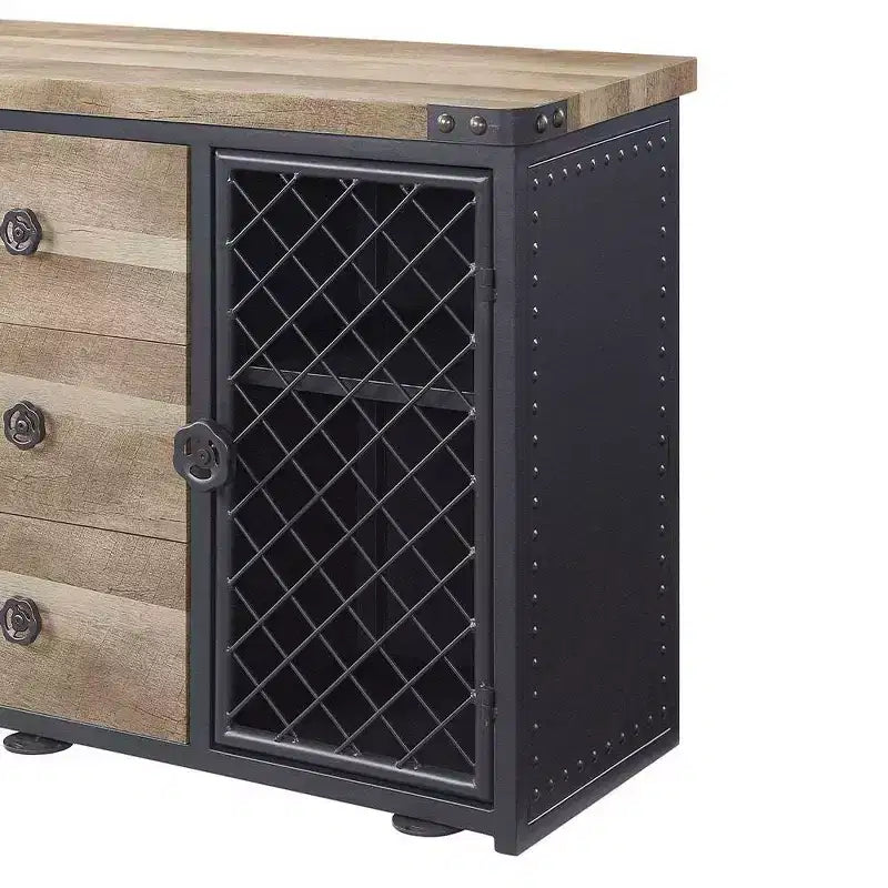 Edina 50" Kitchen and Dining Cabinets Oak and Sandy Black - Acme Furniture: Sideboard Buffet with Metal Frame, MDF Surface
