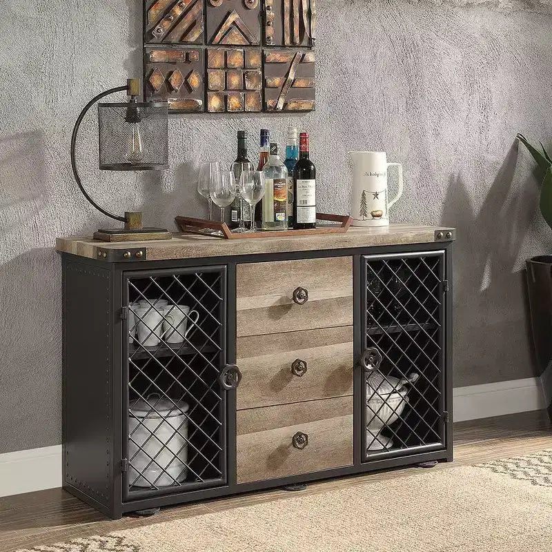 Edina 50" Kitchen and Dining Cabinets Oak and Sandy Black - Acme Furniture: Sideboard Buffet with Metal Frame, MDF Surface