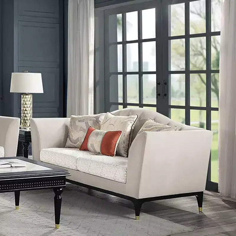 71" Tayden Sofas Beige Velvet: Acme Furniture, Crystal Tufting, Gold Accents