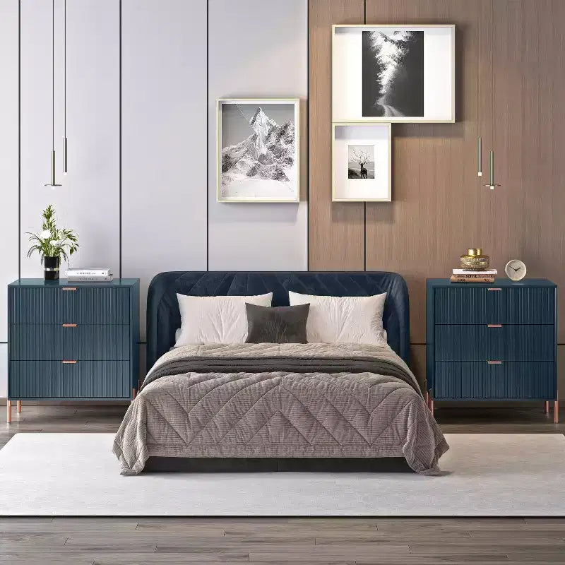 Festivo 2pc Modern Elegance 3 Drawer Nightstands Side Table Set Navy
