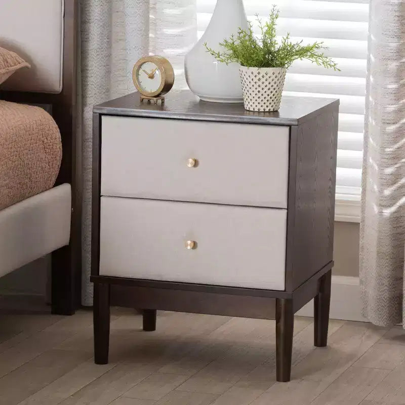 Baxton Studio Nikolai Fabric and Wood 2 Drawer Nightstand Beige/Wenge Brown