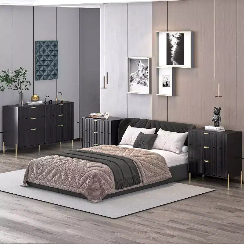 Festivo 3pc Modern Elegance 3 Drawer Nightstands and 6 Drawer Dresser Set Black