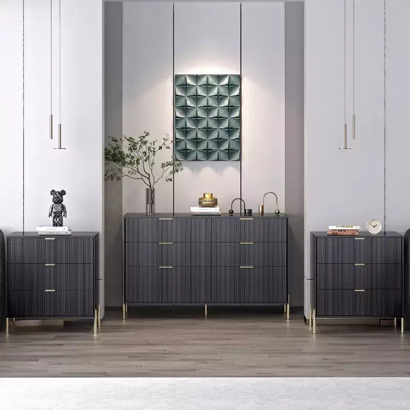 Festivo 3pc Modern Elegance 3 Drawer Nightstands and 6 Drawer Dresser Set Black