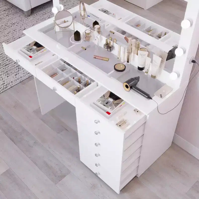 Johanna Lighted Crystal Ball Knobs Makeup Vanity White - Boahaus: Hollywood Mirror, 8 Drawers, USB Port