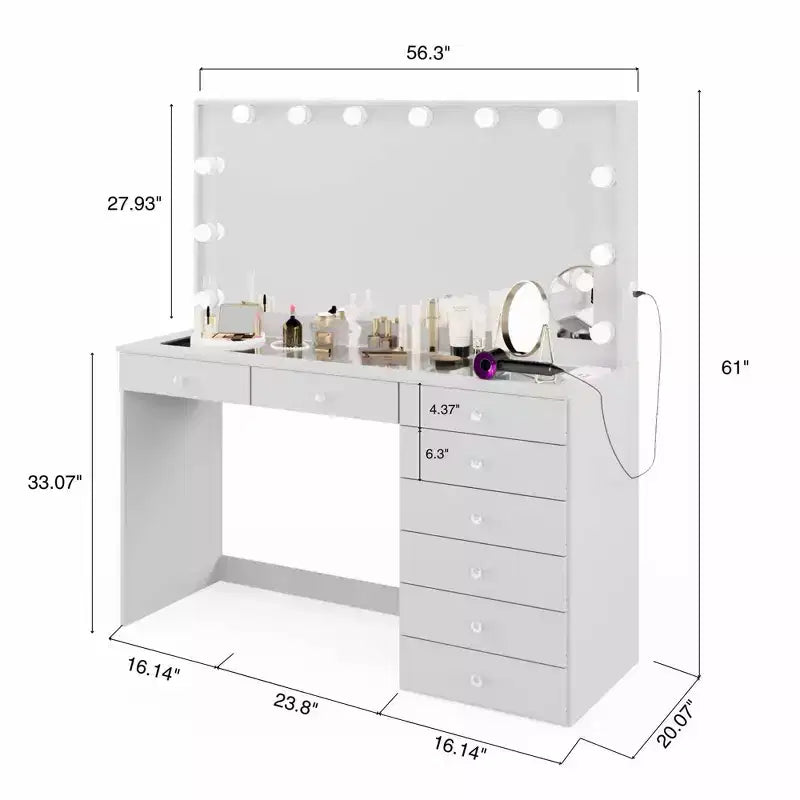 Johanna Lighted Crystal Ball Knobs Makeup Vanity White - Boahaus: Hollywood Mirror, 8 Drawers, USB Port