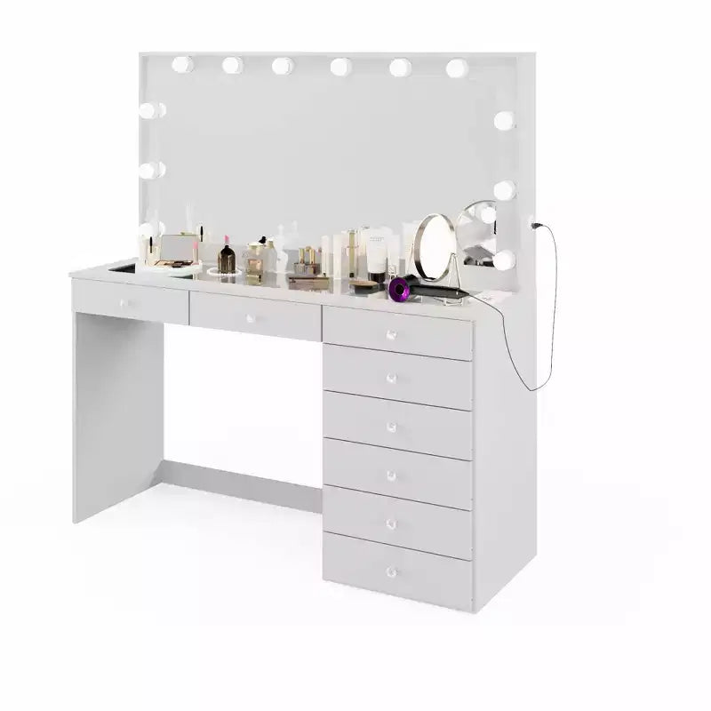 Johanna Lighted Crystal Ball Knobs Makeup Vanity White - Boahaus: Hollywood Mirror, 8 Drawers, USB Port