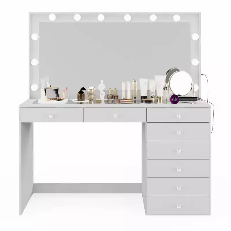 Johanna Lighted Crystal Ball Knobs Makeup Vanity White - Boahaus: Hollywood Mirror, 8 Drawers, USB Port