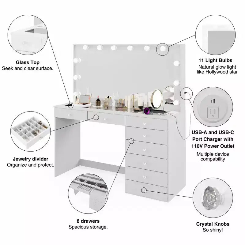 Johanna Lighted Crystal Ball Knobs Makeup Vanity White - Boahaus: Hollywood Mirror, 8 Drawers, USB Port