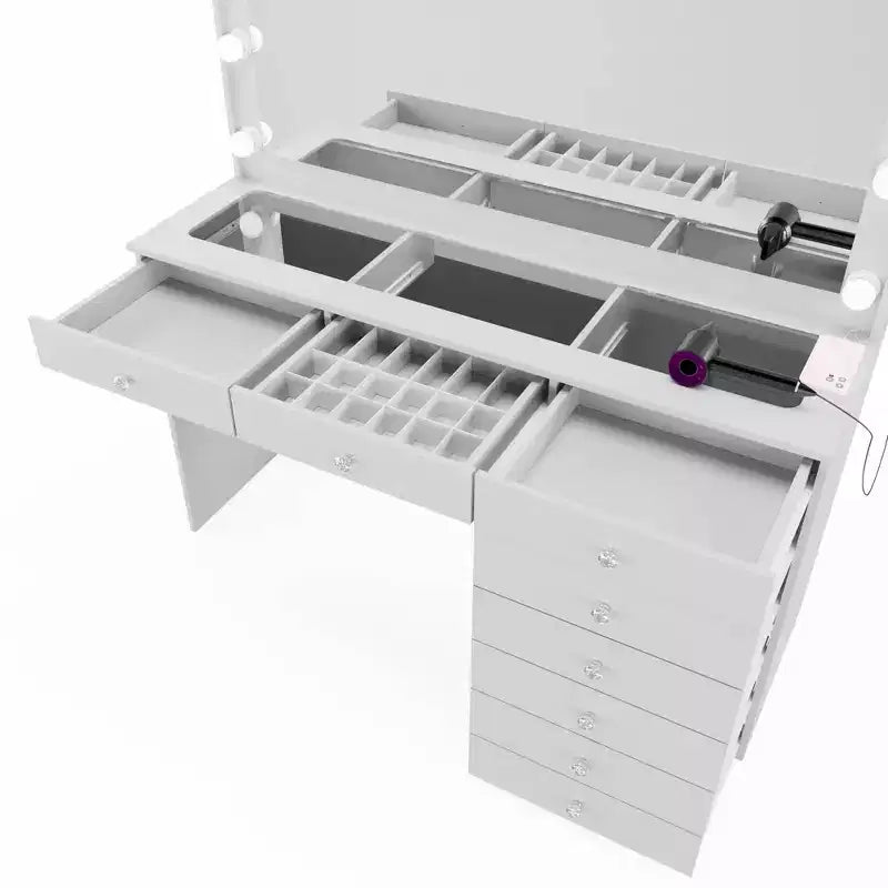Johanna Lighted Crystal Ball Knobs Makeup Vanity White - Boahaus: Hollywood Mirror, 8 Drawers, USB Port