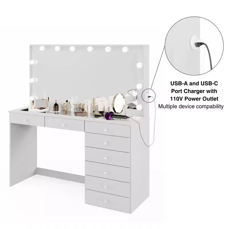 Johanna Lighted Crystal Ball Knobs Makeup Vanity White - Boahaus: Hollywood Mirror, 8 Drawers, USB Port