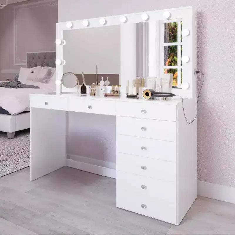 Johanna Lighted Crystal Ball Knobs Makeup Vanity White - Boahaus: Hollywood Mirror, 8 Drawers, USB Port