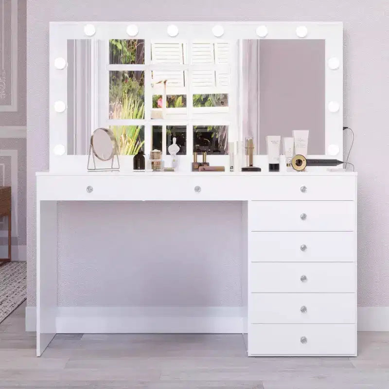 Johanna Lighted Crystal Ball Knobs Makeup Vanity White - Boahaus: Hollywood Mirror, 8 Drawers, USB Port