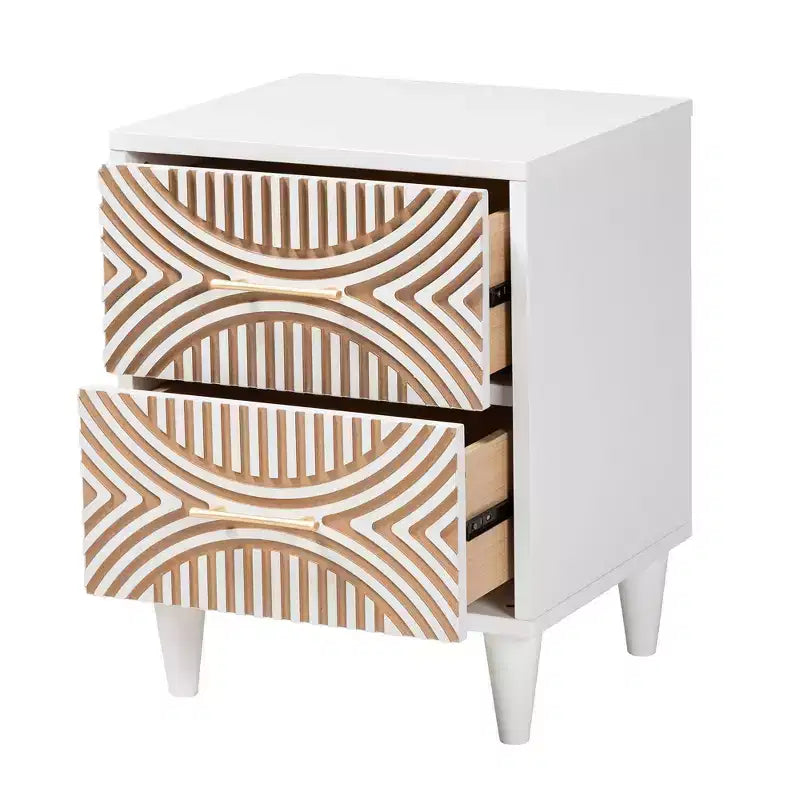 Baxton Studio Louetta Carved Contrasting Nightstand White/Natural Brown
