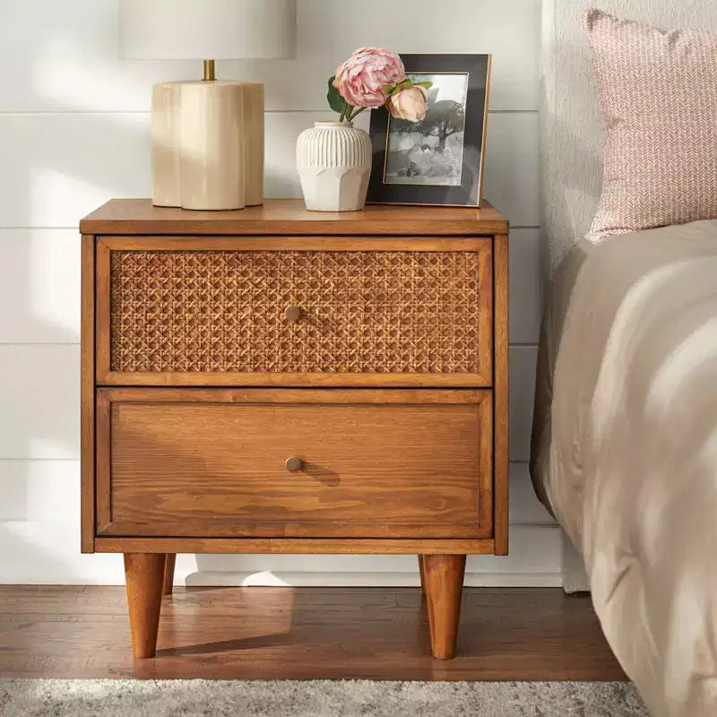Lifestorey Maxwell 2 Drawer Mid-Century Modern Nightstand Natural Cane/Blonde Oak