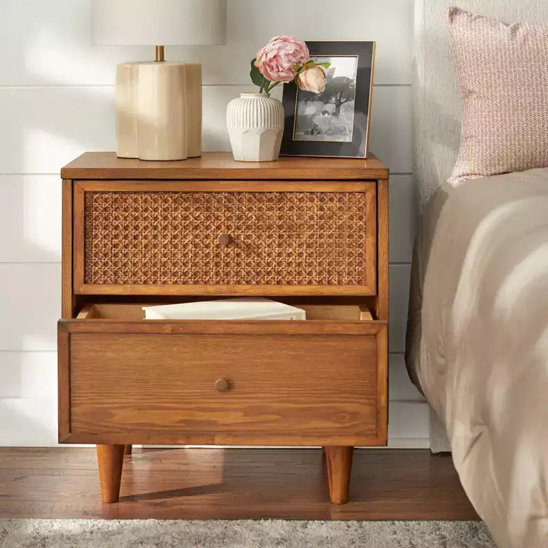 Lifestorey Maxwell 2 Drawer Mid-Century Modern Nightstand Natural Cane/Blonde Oak