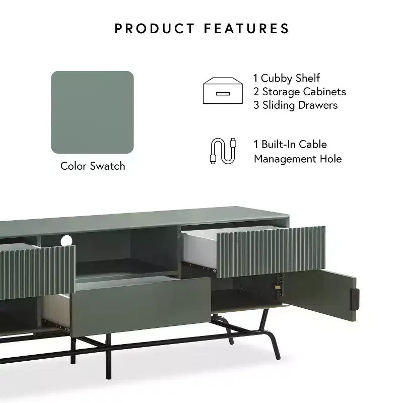 Meadowgrove Modern 3 Drawer TV Stand for TVs up to 65" with Cabinet Sage Green - miBasics: Metal Frame, Cable Management