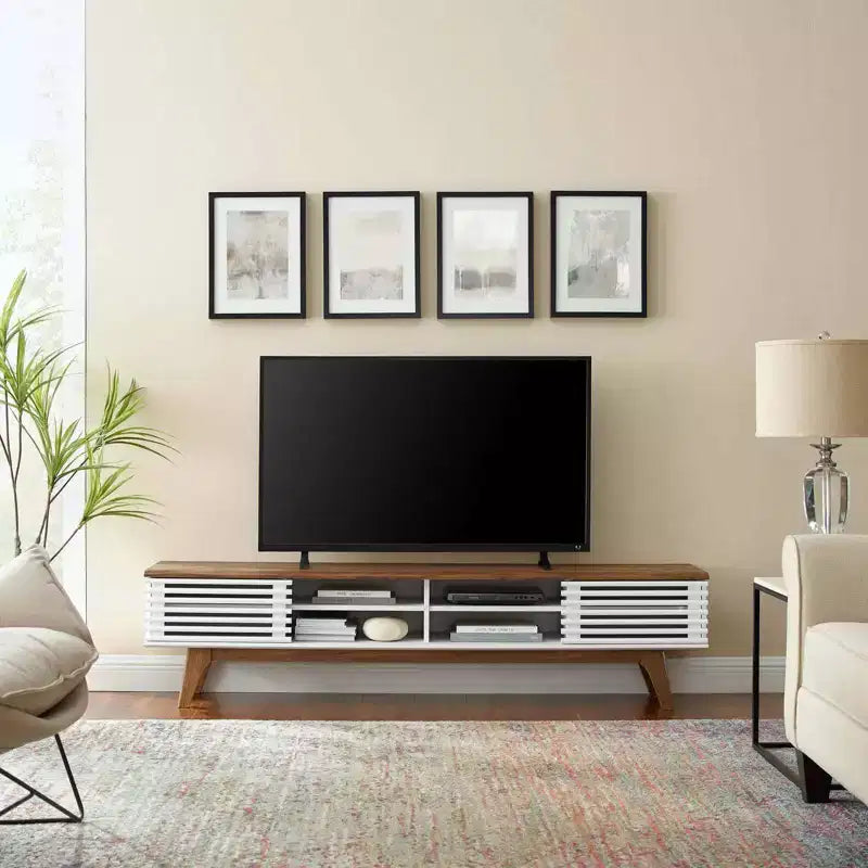 Render Entertainment Center TV Stand for TVs up to 78" Walnut/White - Modway: Mid-Century Design, Media Storage, Cable Management