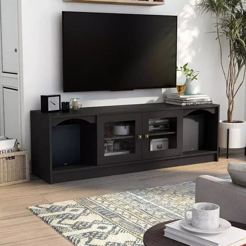 Meuble TV Jenny pour téléviseurs jusqu'à 70" : finition espresso, cadre en bois, étagères ouvertes, capacité de 68 kg