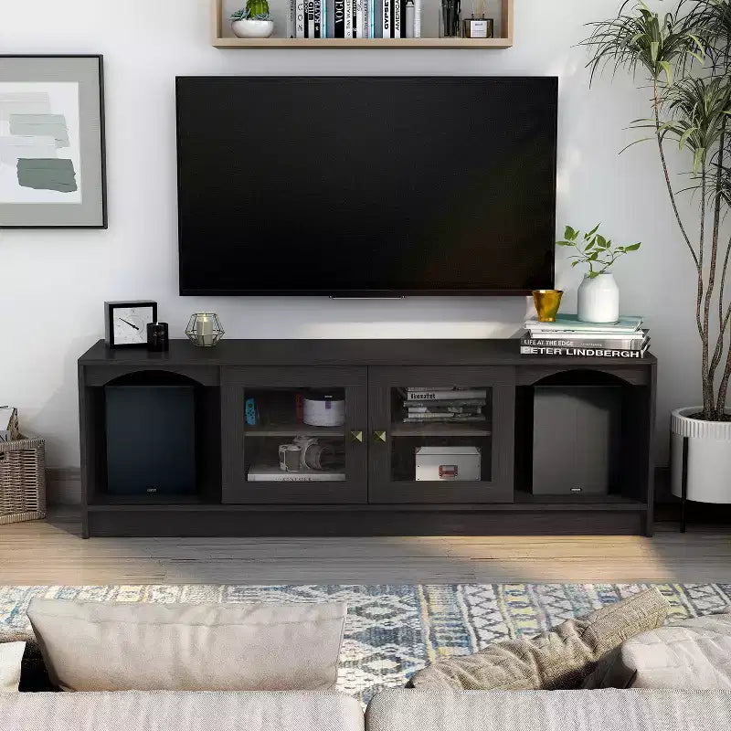 Meuble TV Jenny pour téléviseurs jusqu'à 70" : finition espresso, cadre en bois, étagères ouvertes, capacité de 68 kg