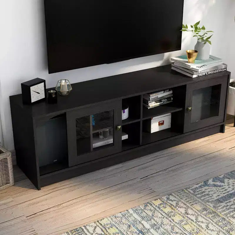Meuble TV Jenny pour téléviseurs jusqu'à 70" : finition espresso, cadre en bois, étagères ouvertes, capacité de 68 kg