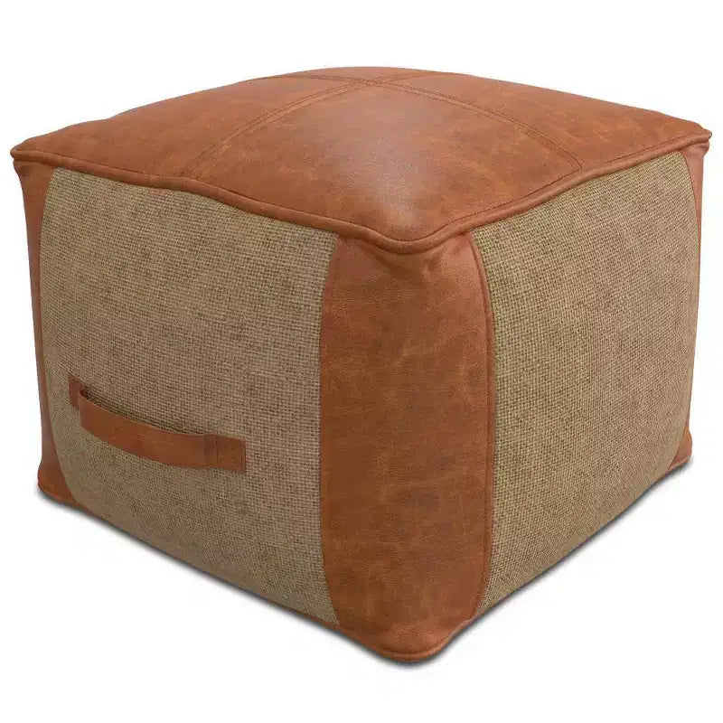 Castlebridge Pouf Tan - WyndenHall: Contemporary Square Ottoman, Removable Leather Cover, Abstract Pattern, 250 lb Capacity