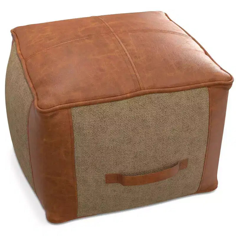 Castlebridge Pouf Tan - WyndenHall: Contemporary Square Ottoman, Removable Leather Cover, Abstract Pattern, 250 lb Capacity