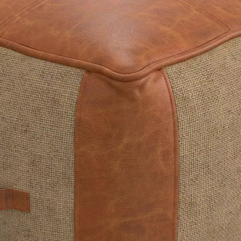 Castlebridge Pouf Tan - WyndenHall: Contemporary Square Ottoman, Removable Leather Cover, Abstract Pattern, 250 lb Capacity
