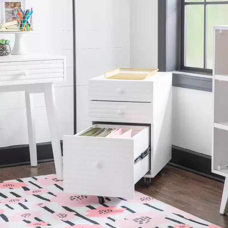 Wedeln 3 Drawer Rolling File Cabinet White Finish Wood - Powell: Mid-Century Modern, Veneer, Metal Hardware