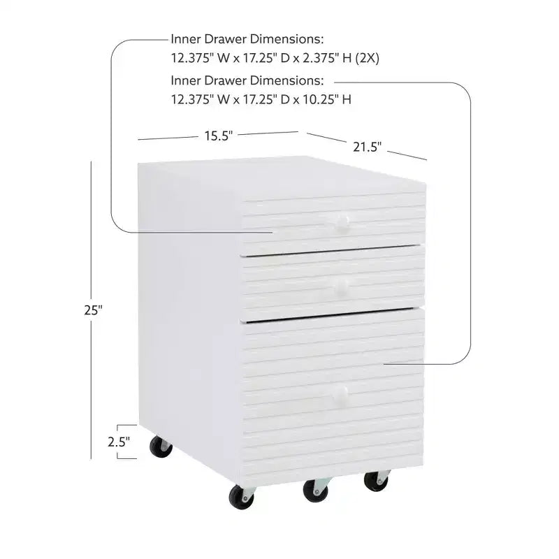 Wedeln 3 Drawer Rolling File Cabinet White Finish Wood - Powell: Mid-Century Modern, Veneer, Metal Hardware