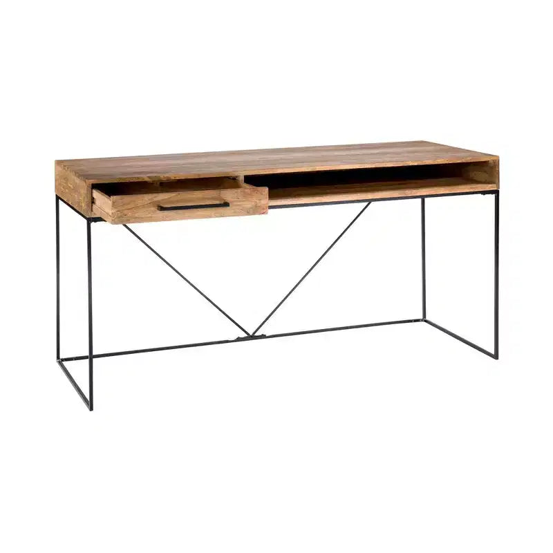 Allensworth Desk Natural - Alder Bay: Solid Mango Wood, Iron Frame, Modern Home Office Furniture with Shelf & Drawer